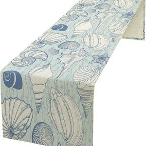 Vintage Look Seashells Table Runner - Blue Coastal Sealife Theme - Costal Decor